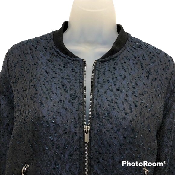 H&M Jacket Boucle Bomber Baseball Style Navy with Black Ribbed Collar &  Cuffs 8 - Picture 4 of 6